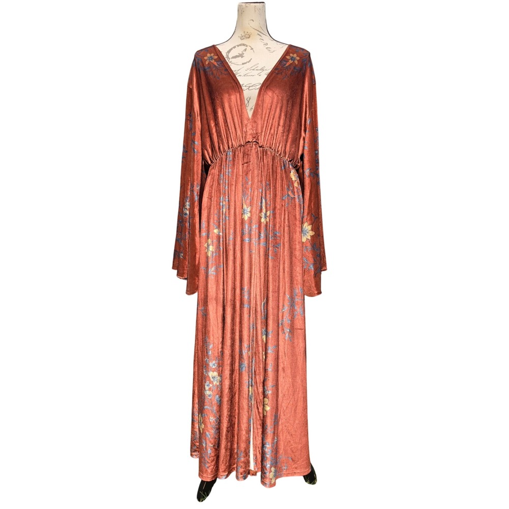 Bonne Journee Rust Velvet Floral Maxi Dress Boho Bell Sleeve V-Neck Size 2 M / L - Picture 2 of 9